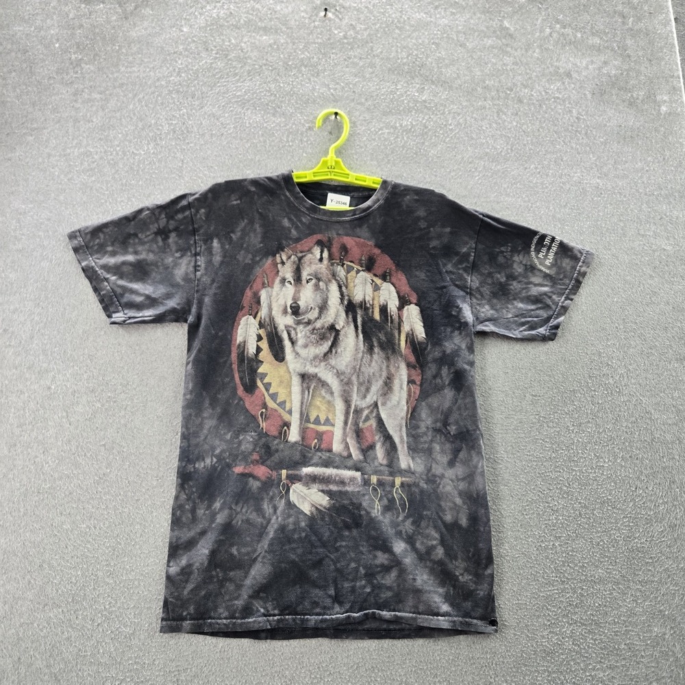 VINTAGE The Mountain Men Shirt M Black Tie Dye Wolf Feathers Short Sleeve READ